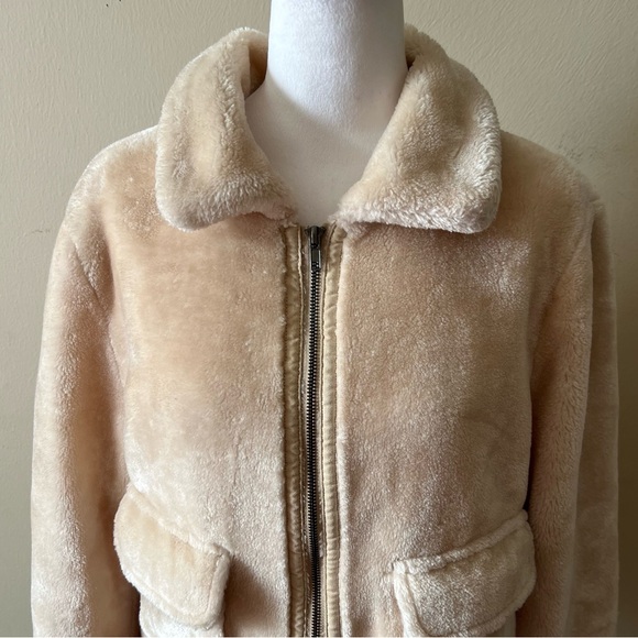 CALI 1850 Light Tan Sherpa Fleece Collar Neckline Zip Up Teddy Jacket-Size M - Picture 2 of 13